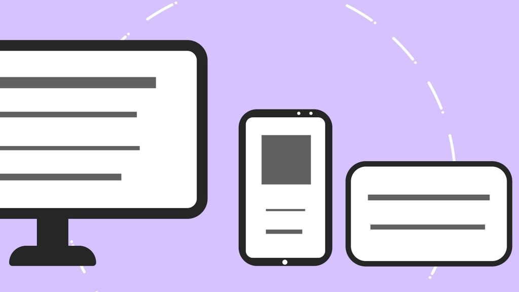 Vector icons with modern phone near computer monitor and credit card with gray lines on purple background